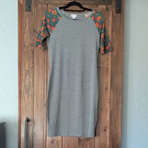 LuLaRoe Gray Midi Dress with Floral Sleeves
